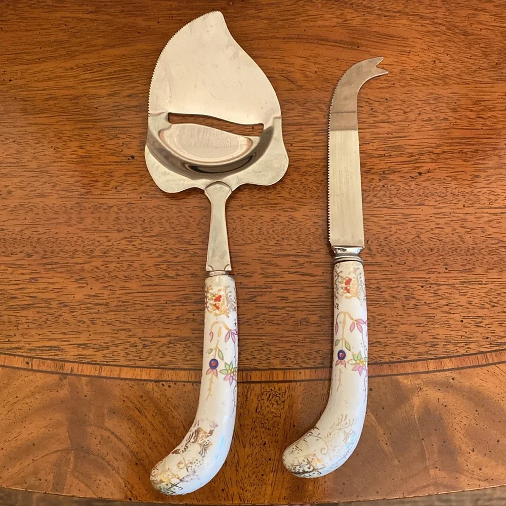 Sheffield England Cheese Slicer & Knife Set Floral Design Porcelain Handles